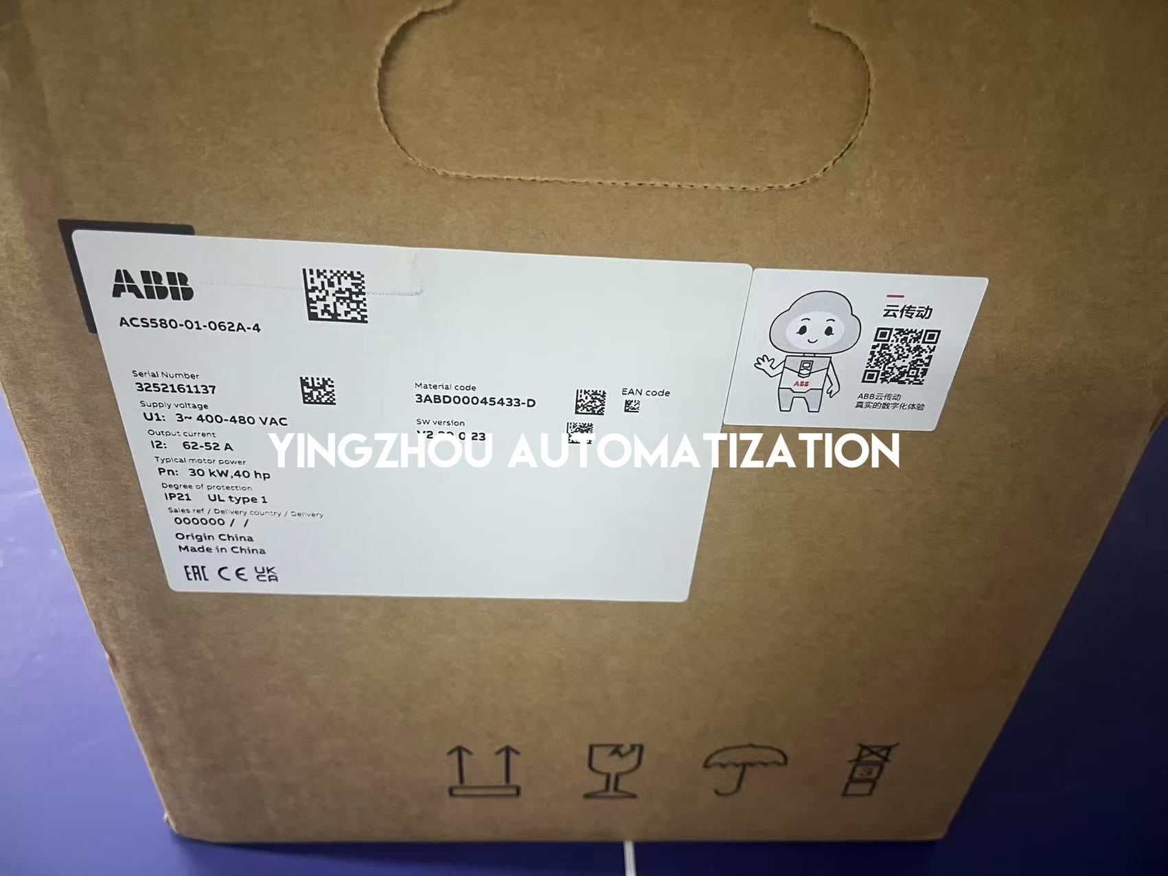 ABB ACS580-01-062A-4 General Purpose VFD | 30kW (40HP), 62A, 480V 3-Phase, IP21-YingZhou Automatization