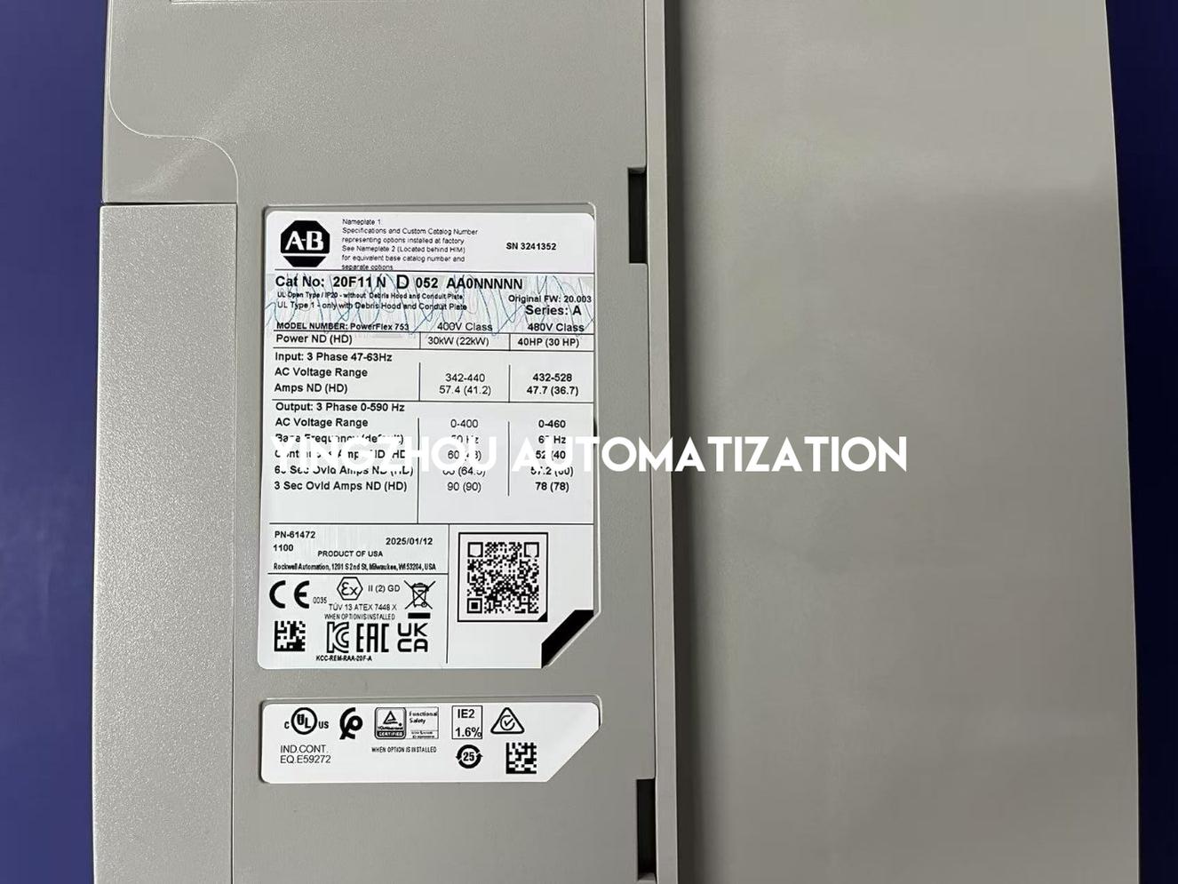 Allen-Bradley 20F11ND052AA0NNNNN PowerFlex 753 VFD | 40 HP, 480V AC, Frame 4-YingZhou Automatization