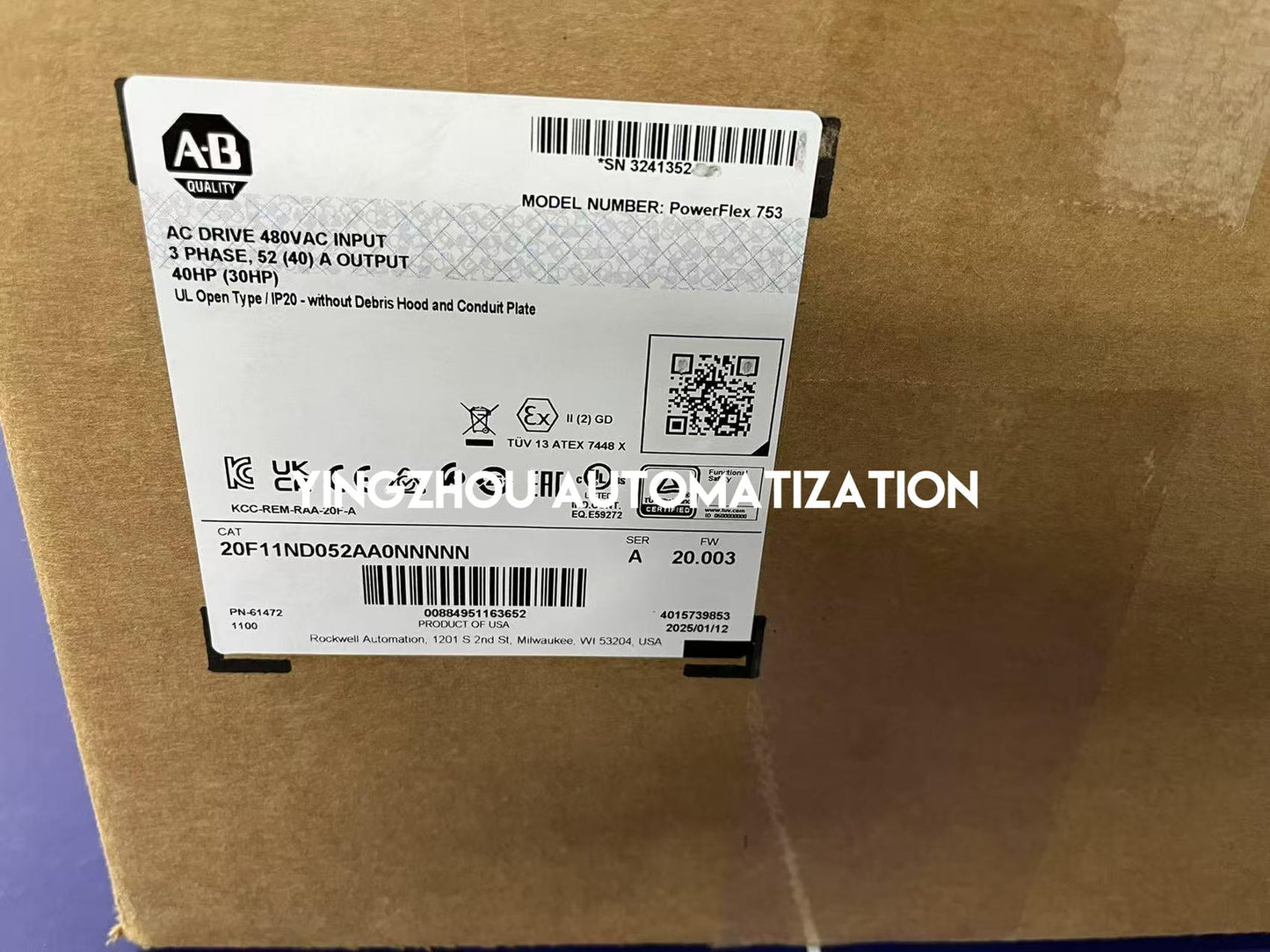 Allen Bradley PowerFlex 753 Series AC Drive Frequency Inverter 20F11ND052AA0NNNNN 30KW 40HP 480VAC 52A 3PH-YingZhou Automatization