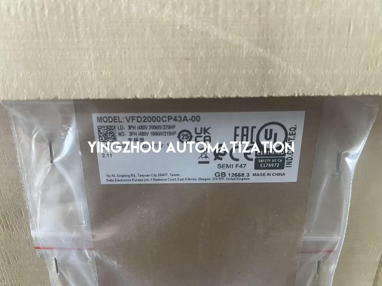 Delta VFD2000CP43A-00 Variable Frequency Drive | CP2000 Series | 200kW 270HP | 460V 3-Phase | Heavy-Duty Industrial Inverter | Brand New Original-YingZhou Automatization