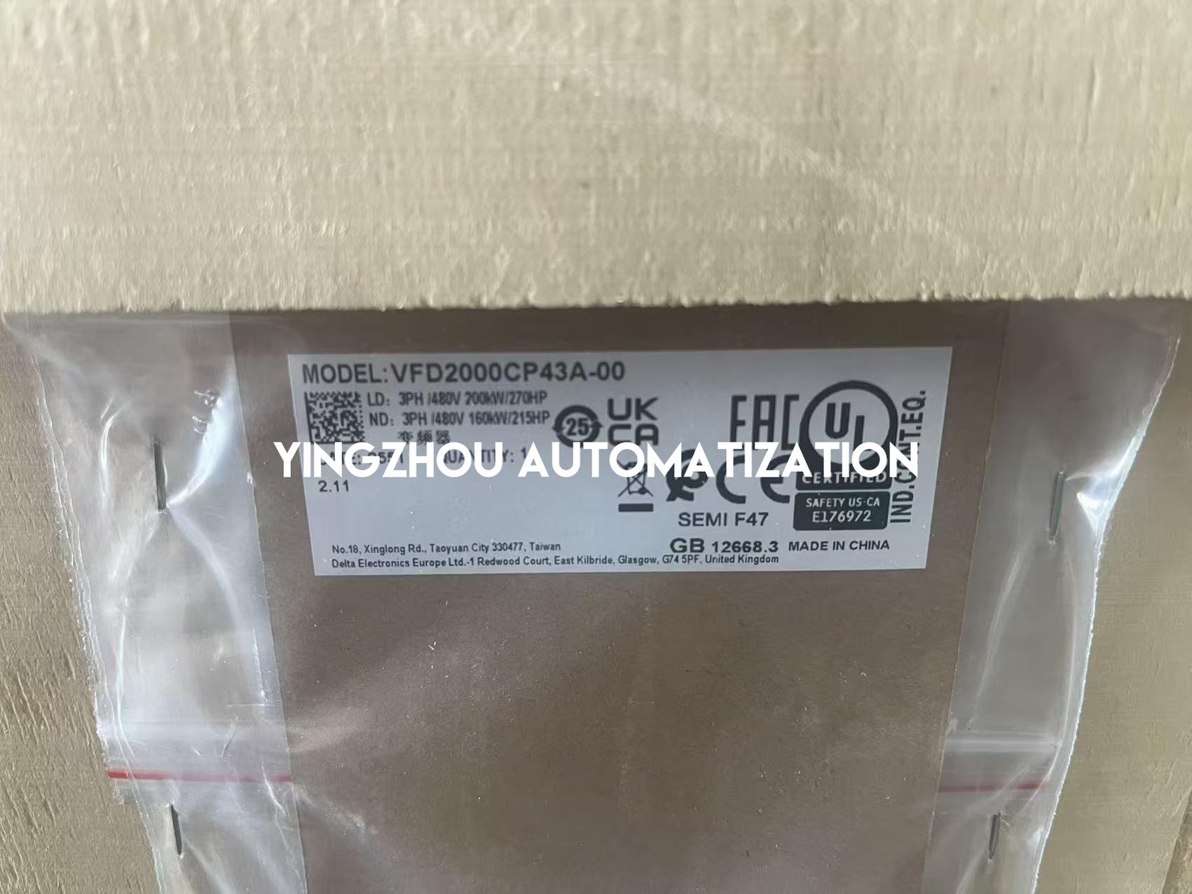 Delta VFD2000CP43A-00 Variable Frequency Drive | CP2000 Series | 200kW 270HP | 460V 3-Phase | Heavy-Duty Industrial Inverter | Brand New Original-YingZhou Automatization