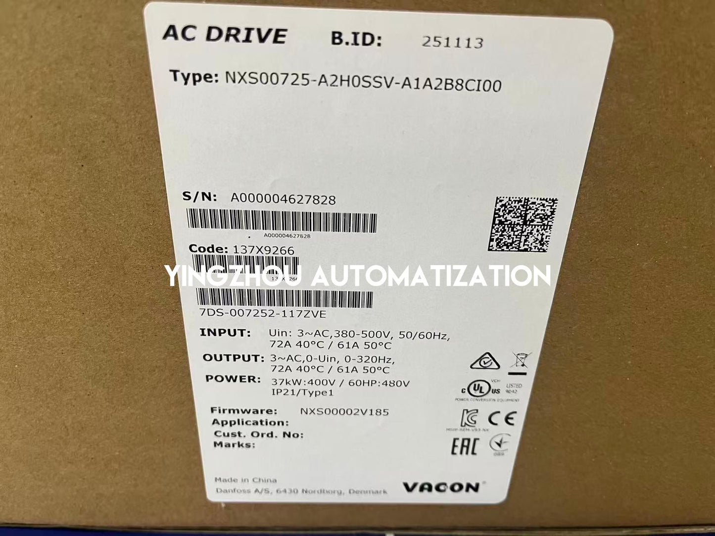 Vacon 136F0516 NXS00725-A2H0SSV-A1A2B8CI00 AC Drive | 37kW (50HP) 400V 72A | NXS Series VFD | IP21/UL Type 1 | Brand New Original-YingZhou Automatization
