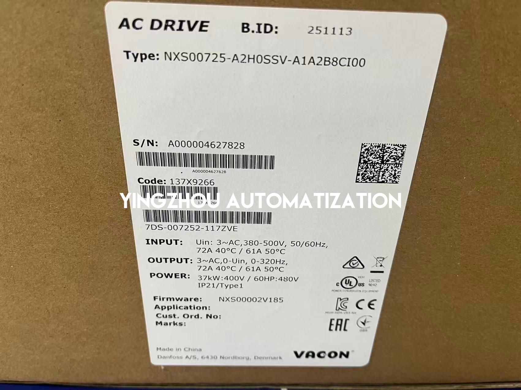Vacon 136F0516 NXS00725-A2H0SSV-A1A2B8CI00 AC Drive | 37kW (50HP) 400V 72A | NXS Series VFD | IP21/UL Type 1 | Brand New Original-YingZhou Automatization